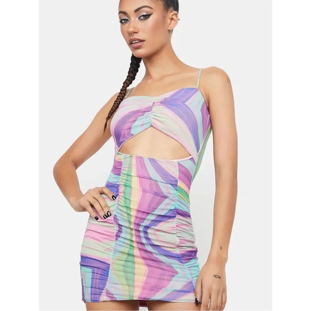 Black Bead Ruched Cut Out Swirl Print Dress Rainbow Women’s Small